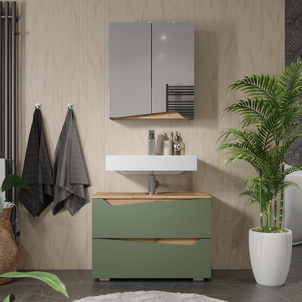 Vicco Armario con Espejo para baño Marelle, Verde/Artesano, 60 x 67 cm