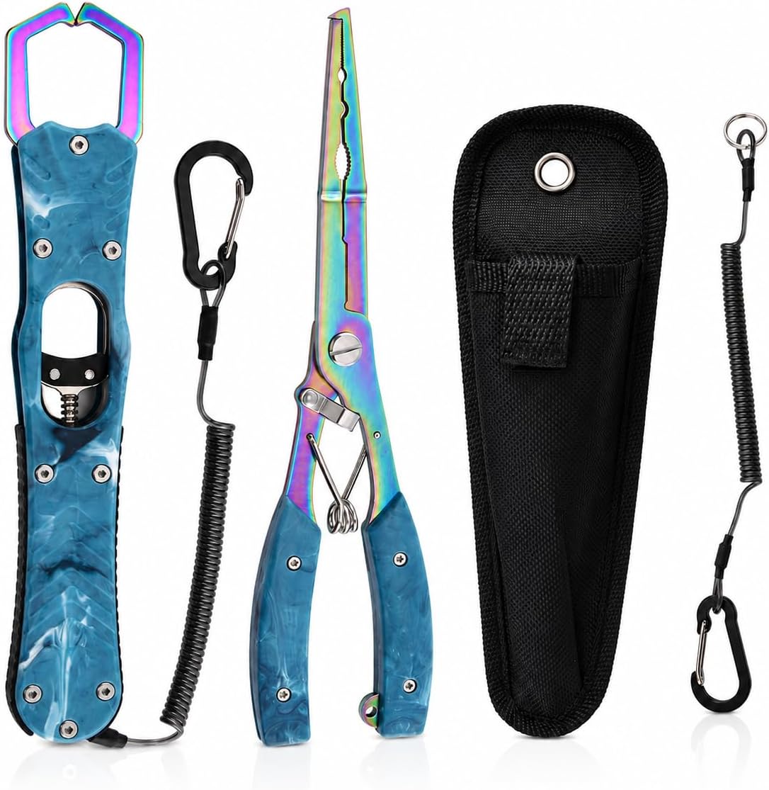 YINEE Fishing Pliers & Fish Lip Gripper Set, Stainless Steel Fishing Gear | Stainless steel construction, corrosion resistant, works for freshwater & saltwater, hook remover, split ring opener
