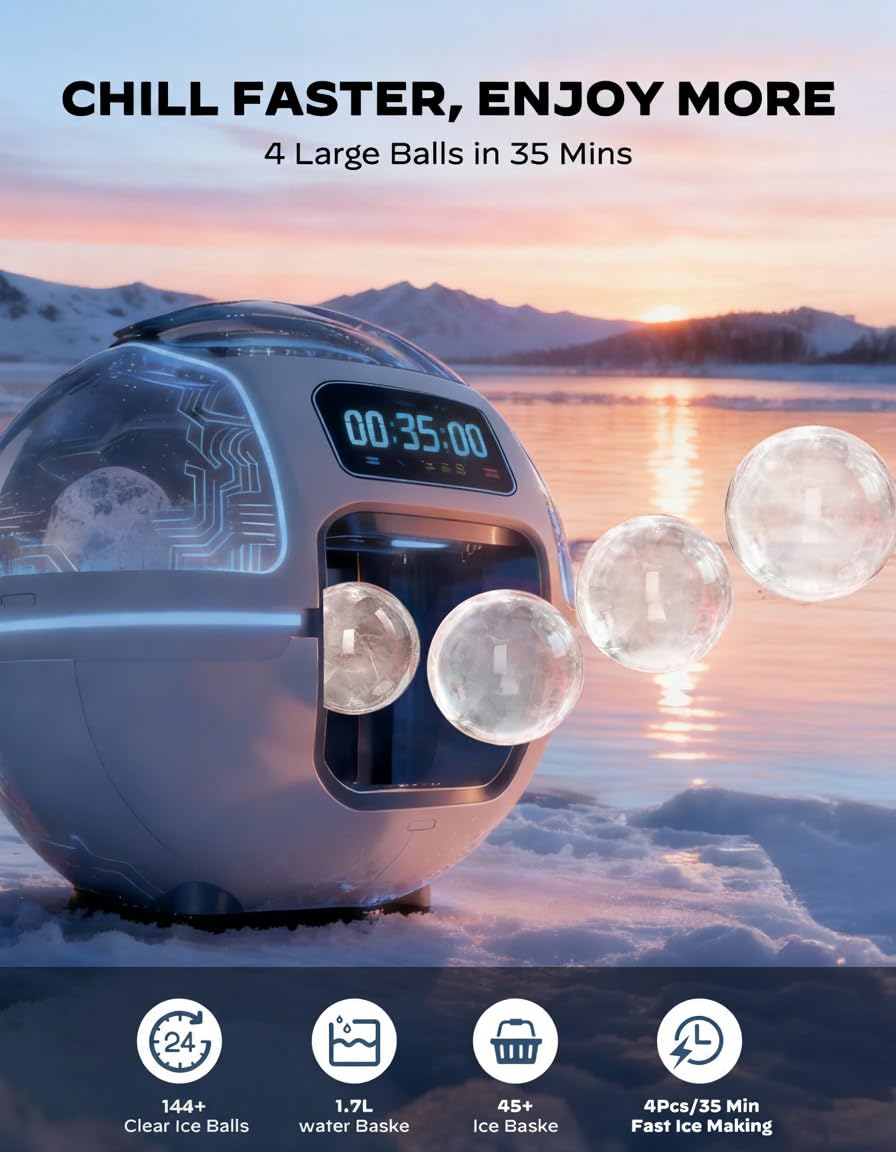 Silonn 2" Sphere Clear Ice Maker Countertop, Slow-Melting Crystal Ice Balls for Whiskey, 4 Pcs in 35 Mins / 144 Pcs/Day, Rapid Sphere Technology, One-Click Self-Cleaning, Ideal for Bourbon on Fridge.com