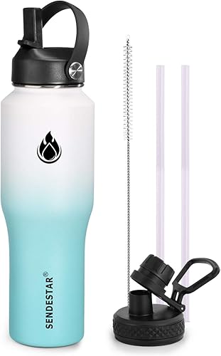 SENDESTAR - Botella de agua de 0,9 L, 2 tapas (tapa con pajita), boca ancha de acero inoxidable aislada al vacío, doble pared, mantiene los líquidos