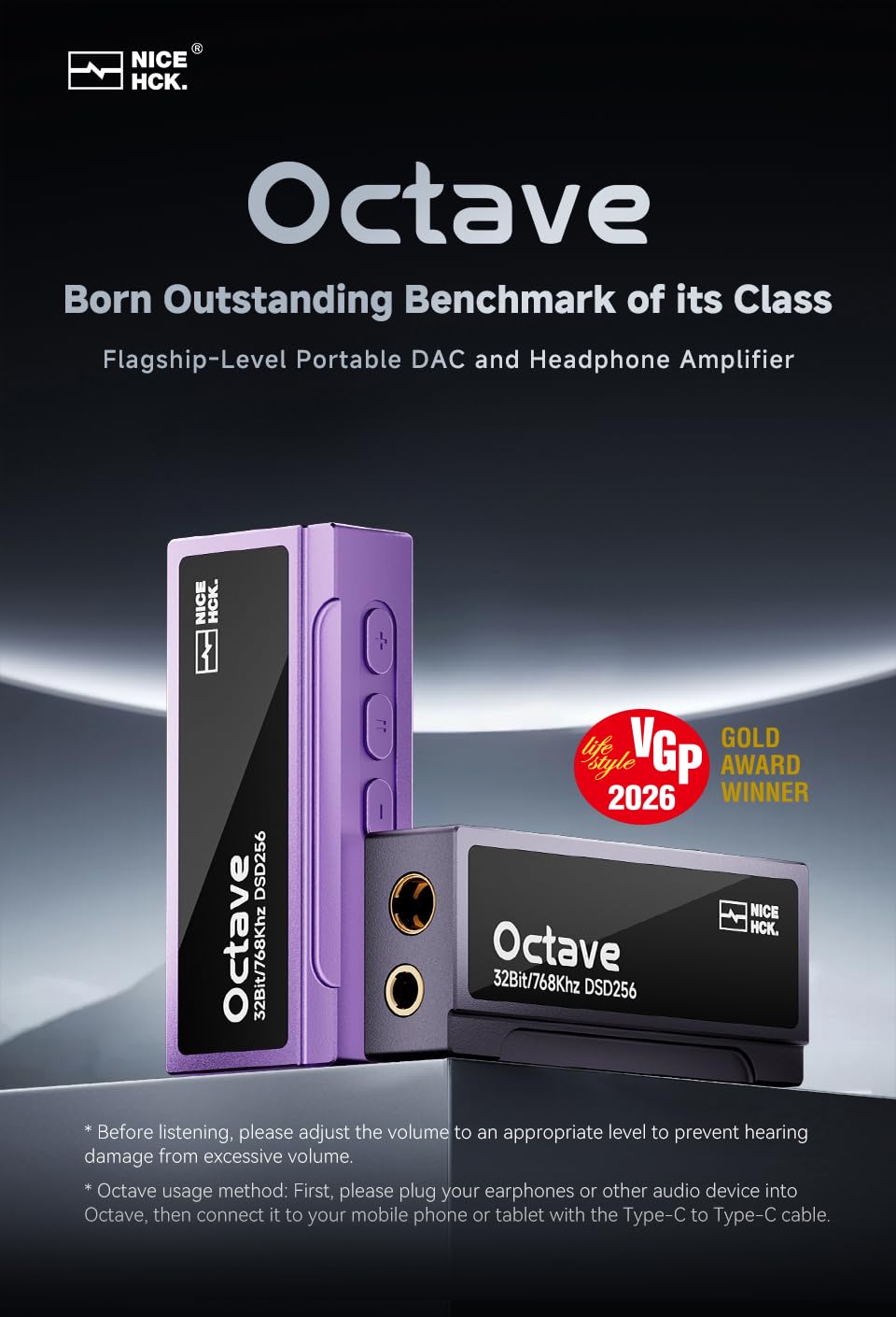 NICEHCK Octave ES9039Q2M, amplificatore DAC portatile, decoder audio HiFi e amplificatore per cuffie portatile per IEM, adattatore audio per telefono USB per Android/iOS/PC, volume a 100 passaggi