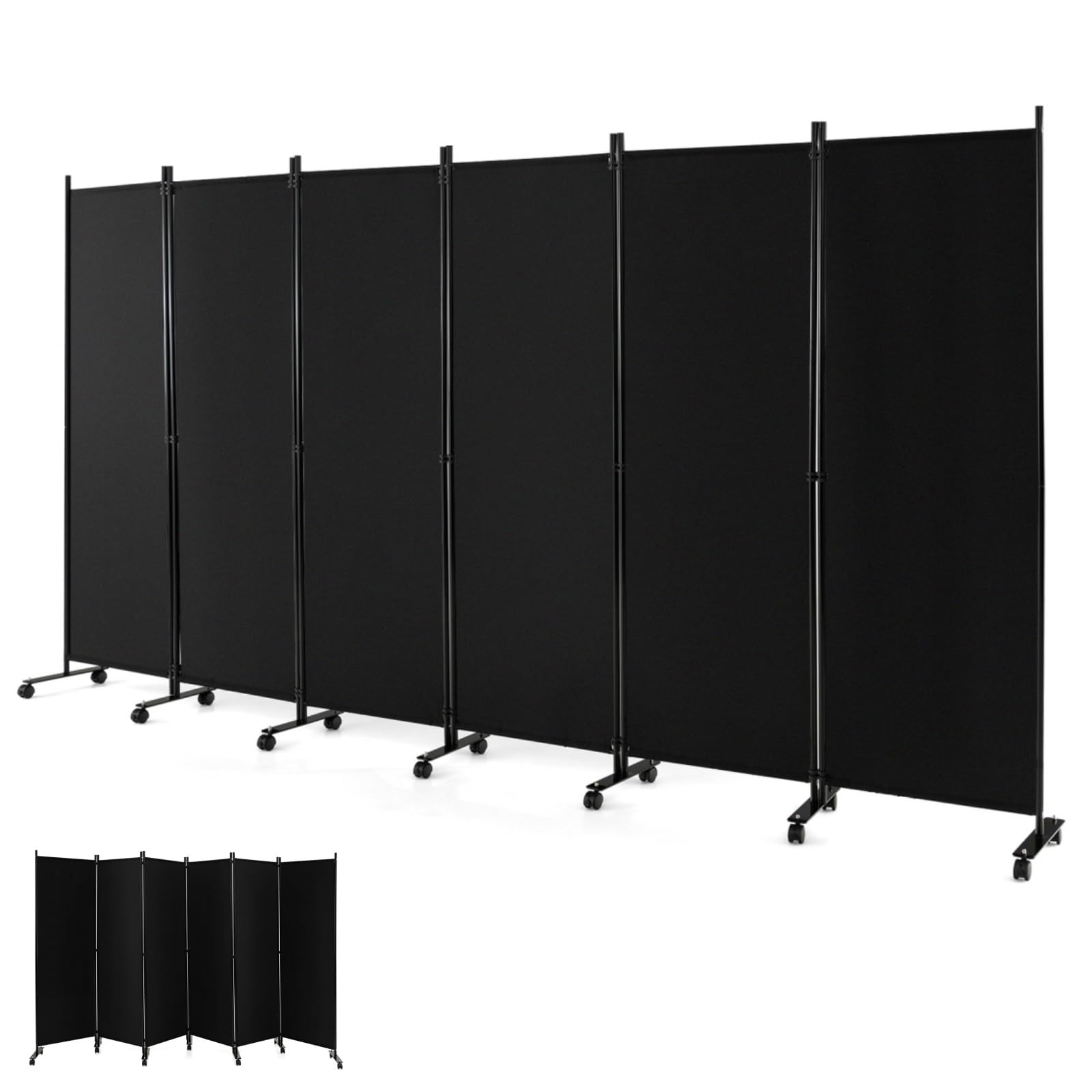 GOPLUS Biombo Separador de Ambientes de 6 Paneles con 14 Ruedas Bloqueables, Biombo Plegable de Tela con Marco de Metal para Privacidad, Divisor para Salón Dormitorio Oficina (Negro)