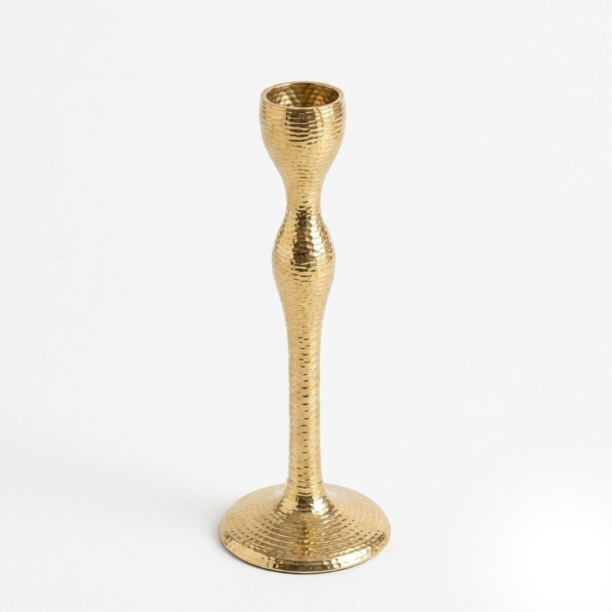 IHI EST. 1986 Gold Hammered Candle Stand, 8.25 Inch Aluminum Taper Candle Holder, Textured Metallic Candlestick with Sculpted Silhouette for Dining Table Mantel and Shelf Décor