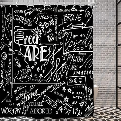 AMBZEK Black Funny Quotes Shower Curtain 72Wx72L Inch for Kids Teens White Inspirational You are Graffiti Abstract Aesthetic Motivational Artwork Cloth Fabric Bathroom Decor Set 12 Pack Hooks Cover