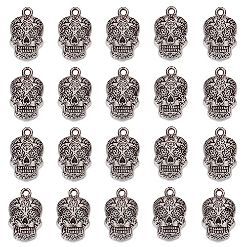 SUNNYCLUE 1 Box 30Pcs Skull Charms Halloween Skeleton Head Charm Tibetan Style Antique Silver Flower Pattern Gothic Skull Metal Alloy Charms for jewellery Making Charm DIY Earrings Bracelets Supplies