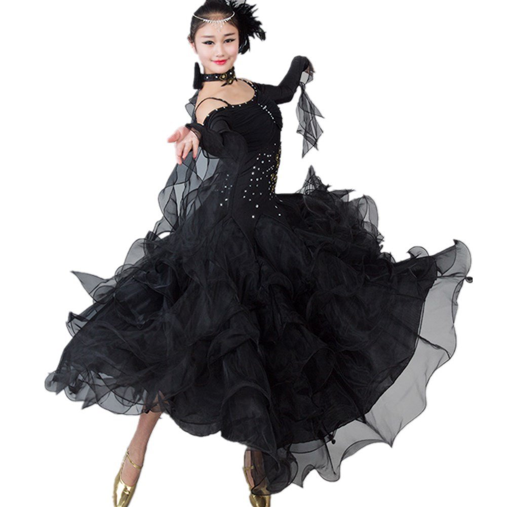 YC WELL Women Modern Waltz Tango Smooth Ballroom Dance Dress Standard Ballroom Dress(Black,2XL)