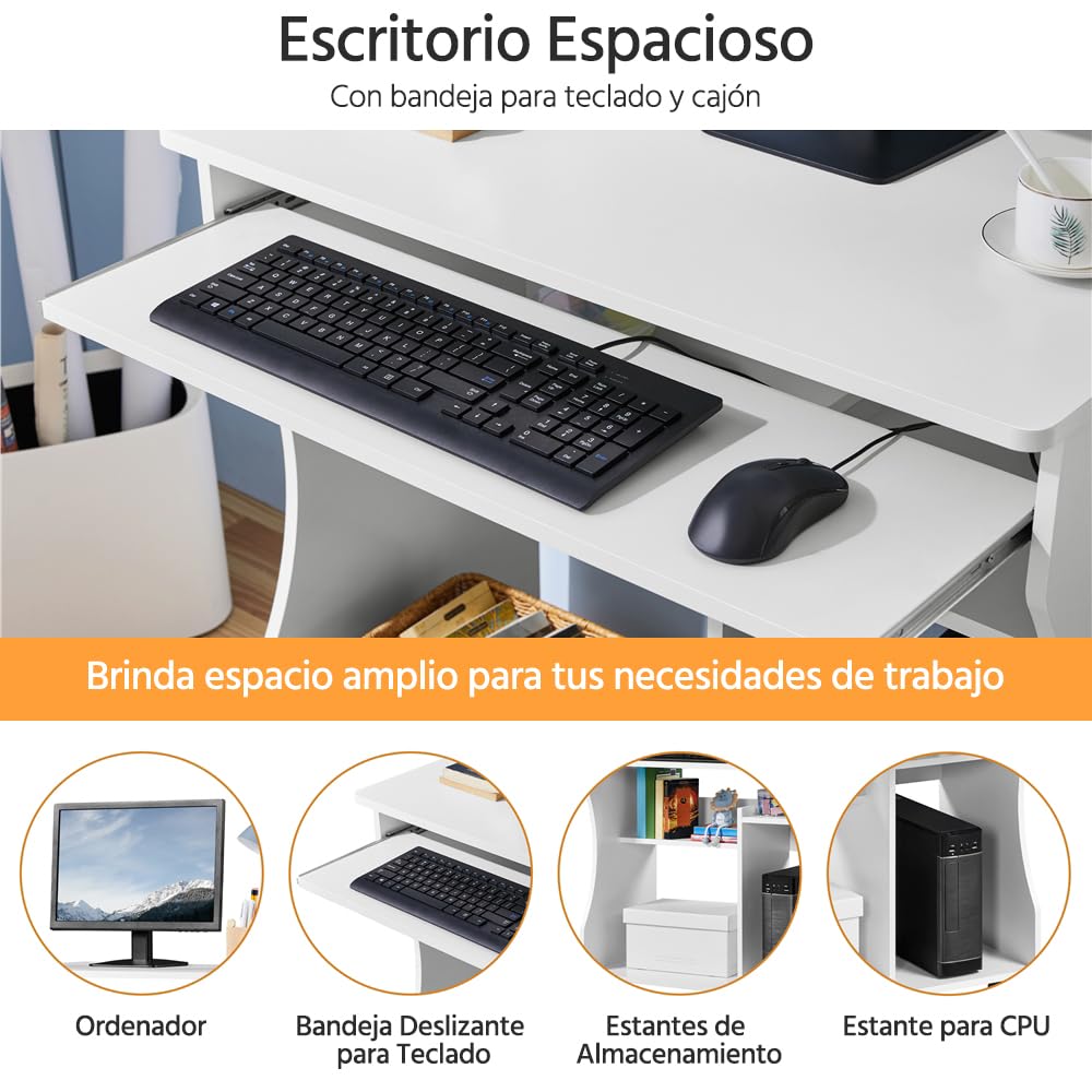 Yaheetech Mesa Escritorio con Ruedas Mesa de Oficina con Bandeja Extraíble 80x48x76 cm Escritorio Ordenador ​con Cajones para PC Impresora Despacho Estudio Blanco