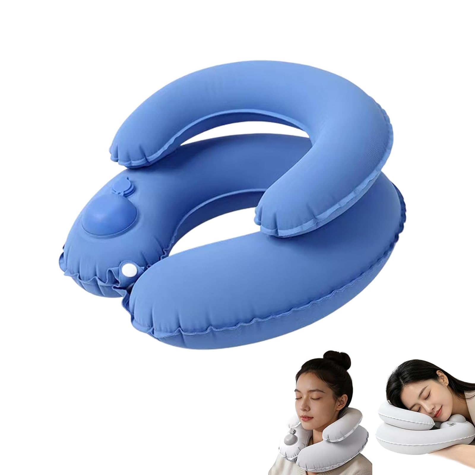 GUUZETU Double-Layer Inflatable Travel Neck Pillow, Portable Press-to-inflate Air Pillow for Headrest Sleep, Car, Office Use, Adjustable U-Shape Airplane Pillows for Flights (Blue)