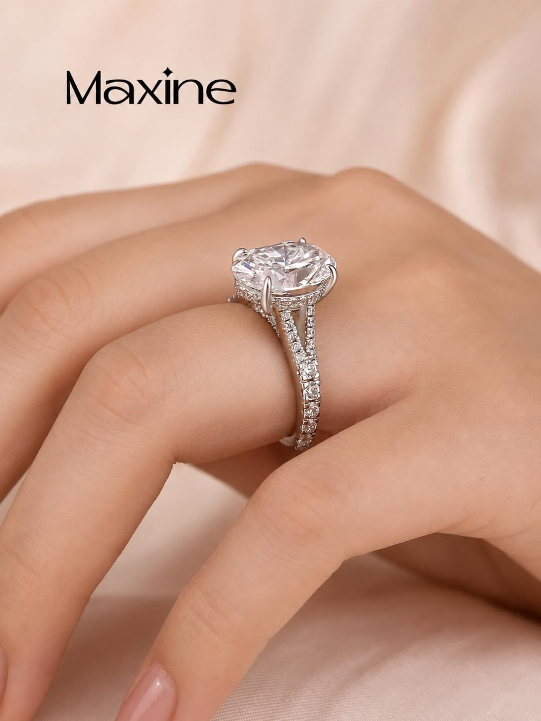 Maxinejewelry 3.5 Carat Oval Cut Engagement Ring with Split Shank, 5A Cubic Zirconia Promise Ring for Women in S925 Silver