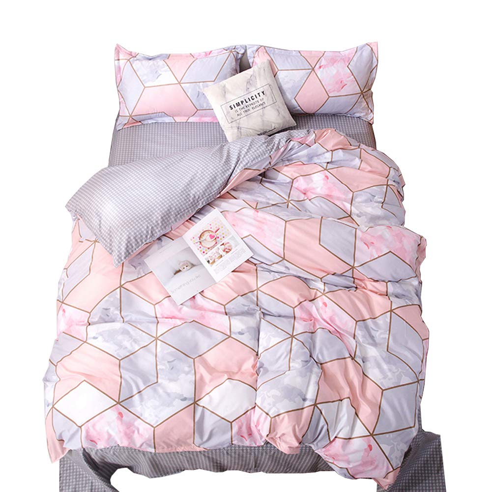 ED-Lumos Duvet Cover Sets Double Size Bedding Collections with Flat Sheets 2 Pillowcases Pink Geometric Diamond 4 Pieces