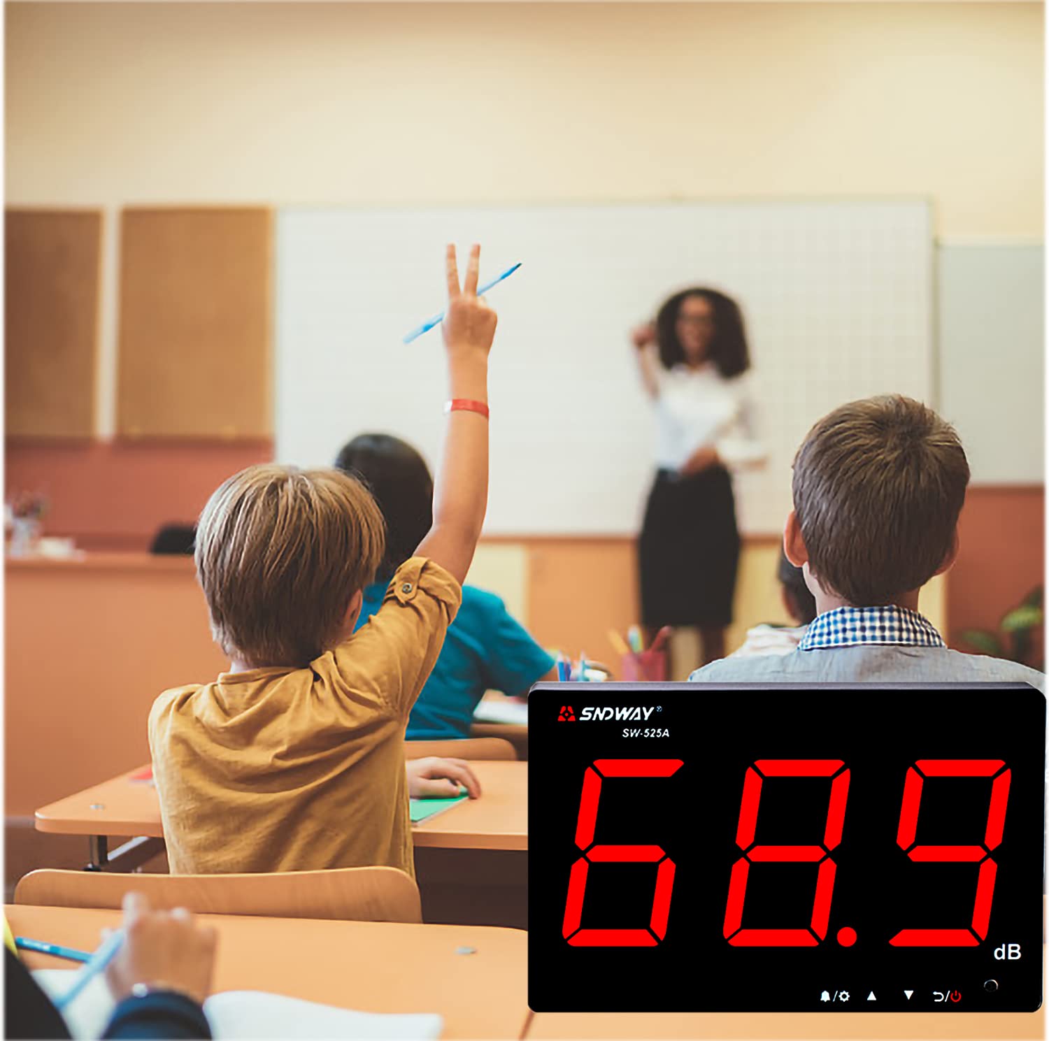 Medidor de decibelios 30 dB de 130 dB, medidor de nivel de sonido para colgar en la pared con luz de fondo, medidor de db con pantalla grande, alarma para áreas públicas/restaurantes/aulas