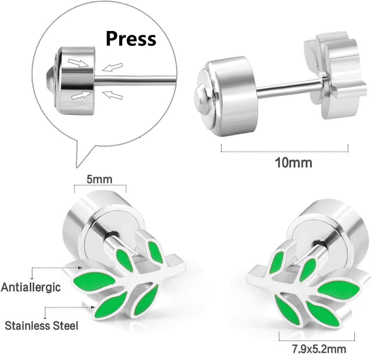 Green Leaves Small Stud Earrings for Women Flat Screw Back Cartilage Tragus Piercing Hypoallergenic Sleeper Tiny Mini Studs for Birthday - Image 2