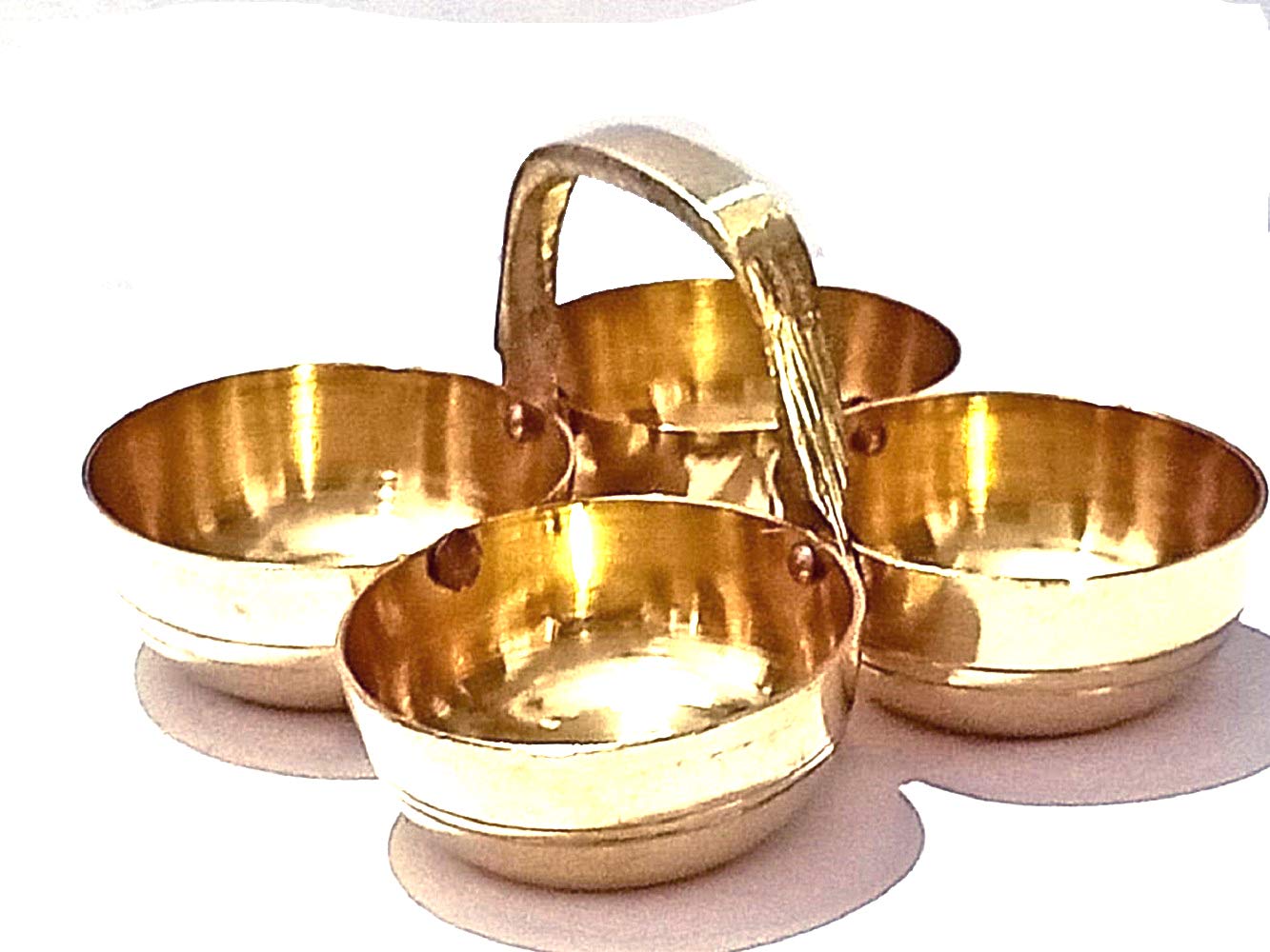 Denique Brass Puja Roli Chawal, Elaichi, Mishri 4 Bowl Stand/Brass Chowmukh Haldi Kumkum Holder Chowmukh 4 Bowl Holder Patra for home Temple,9 x 9 x 6 Centimeters(Medium) 1