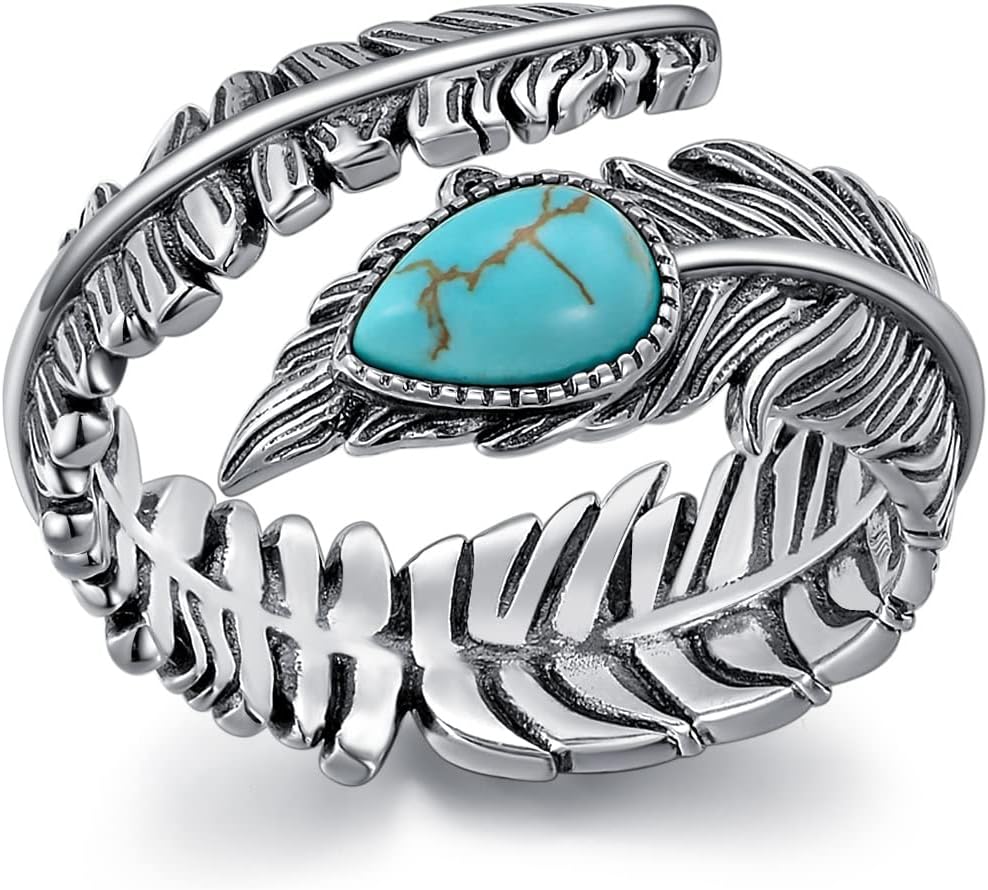 Genuine Turquoise/Moonstone Feather Ring for Women 925 Sterling Silver Oxidized Western Adjustable Ring Navajo Jewelry Gift for Birthday Mother's Day (Size 6-8.5)