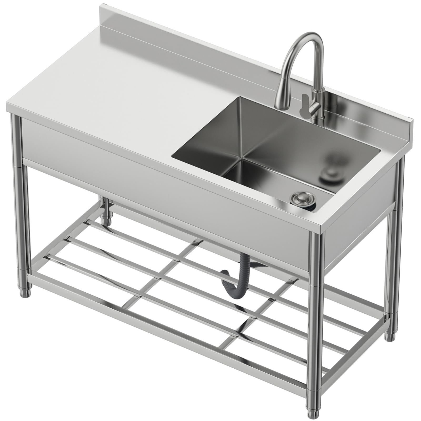 Photo 1 of Commercial Sink with Drainboard Stainless Steel Utility Sink with Pull-out Faucet Free Standing Single Bowl Kitchen Sink with Workbench for Restaurant Garage Outoor, 21.7"D x 47.2"W x 37"H, Right Bowl