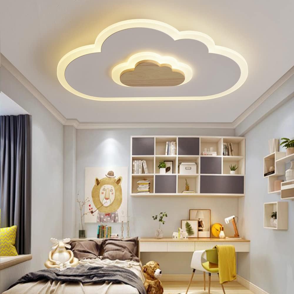 AOEH Lampa sufitowa LED, lampa do sypialni, do pokoju dziecięcego, lampa sufitowa dla dzieci, lampa sufitowa z motywem chmur, drewniana, bezstopniowe ciemnienie z pilotem, z funkcją nocnego