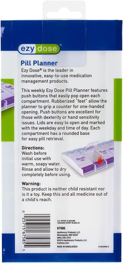 Exclusive Special EZY DOSE Push Button (7-Day) Pill, Medicine, Vitamin Organizer | Weekly, 2 Times a Day, AM/PM | Large Compartments | Arthritis Friendly | Clear Lids