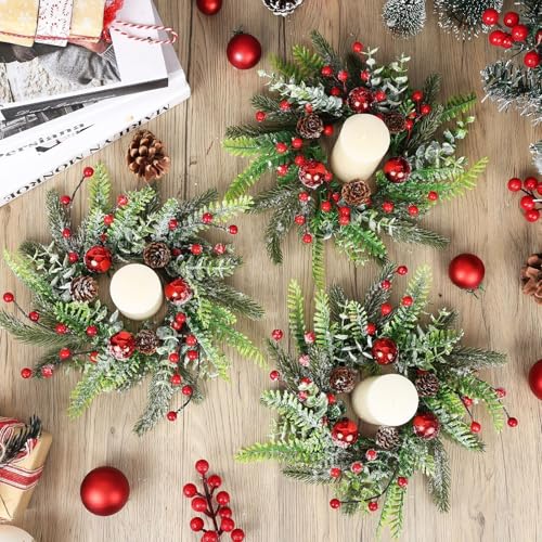 Image of 8 Pcs Christmas Candle Rings Wreaths Artificial Snowy Pine Cedar Red Berry Clusters Candle Rings Wreaths Mini Christmas Balls Wreath for Xmas Winter Front Door Window Decorations