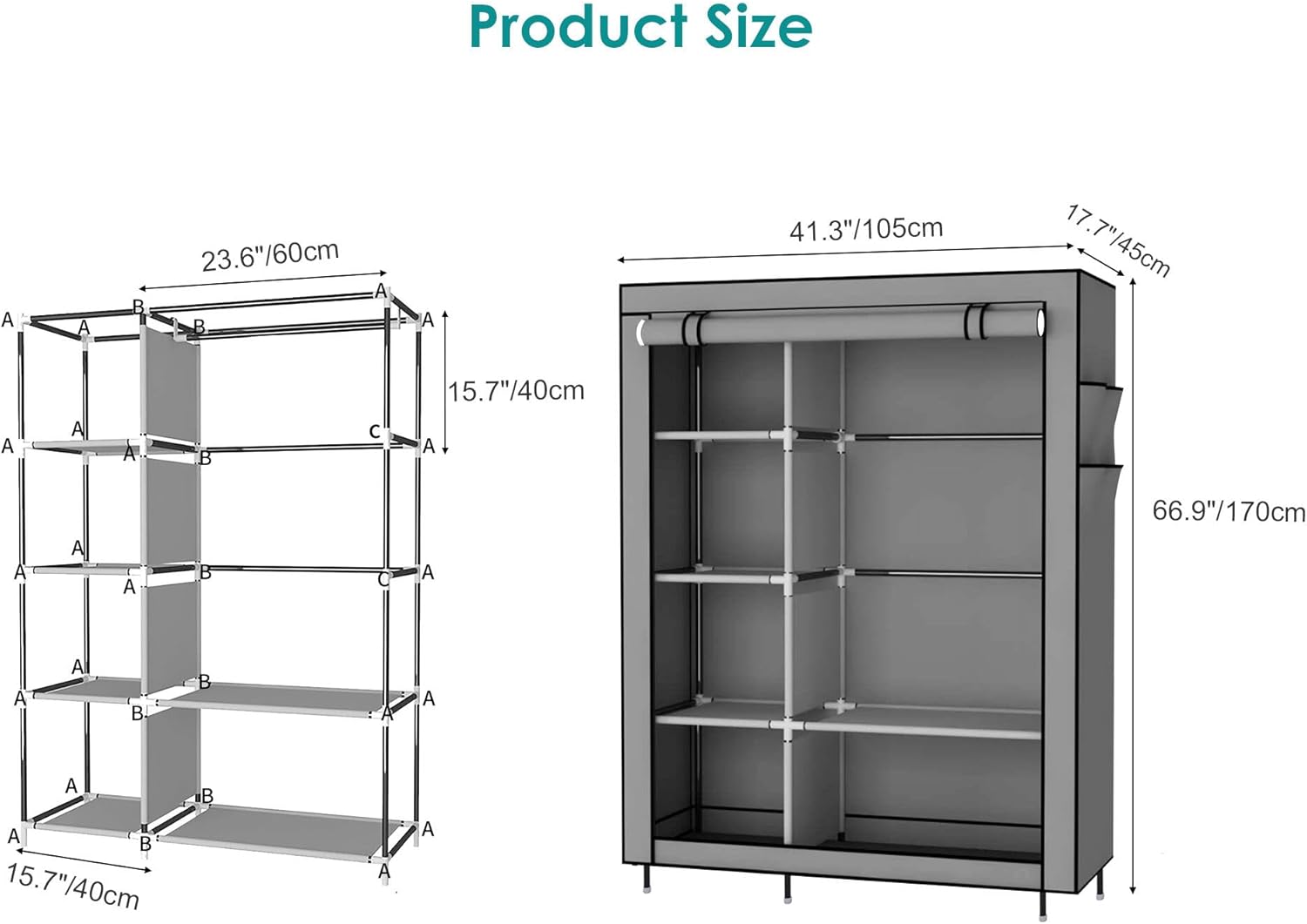 Diagram showing the dimensions and individual components of the SortWise Portable Closet Wardrobe