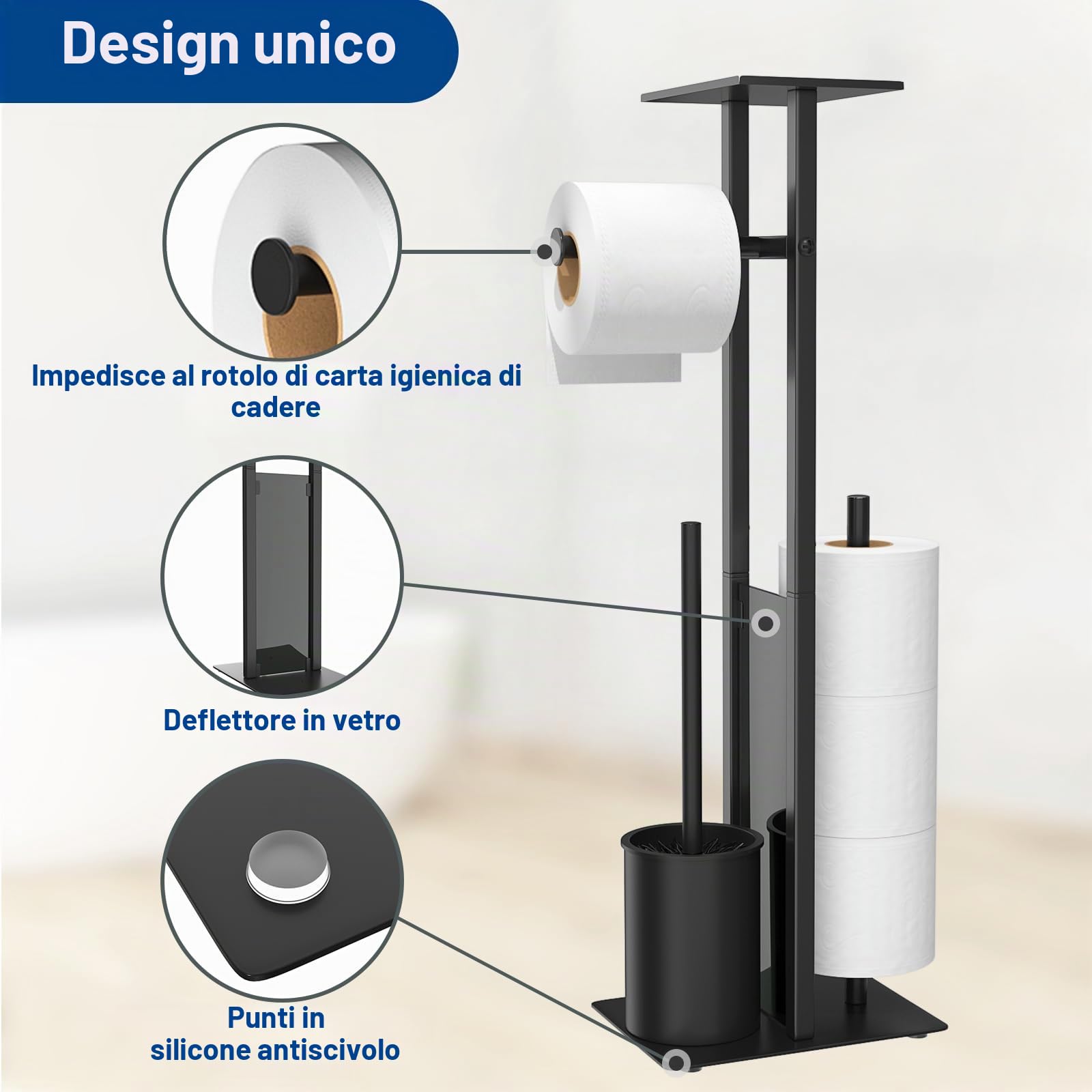 susswiff Porta carta igienica inox da appoggio con scopino - con scatola salviettine umidificate, ripiano in vetro (nero opaco)