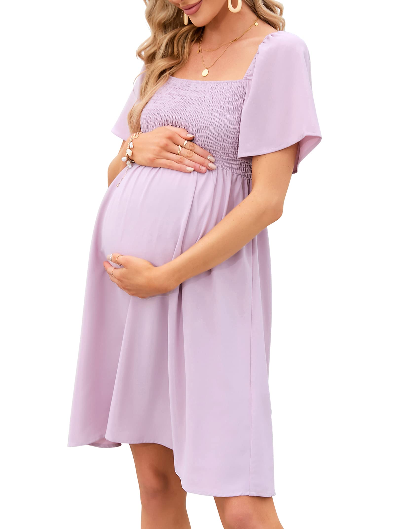 KOJOOIN Maternity Dress Summer Women Tie Back Square Neck Puff Sleeve Off Shoulder Pregnancy Baby Shower Dress