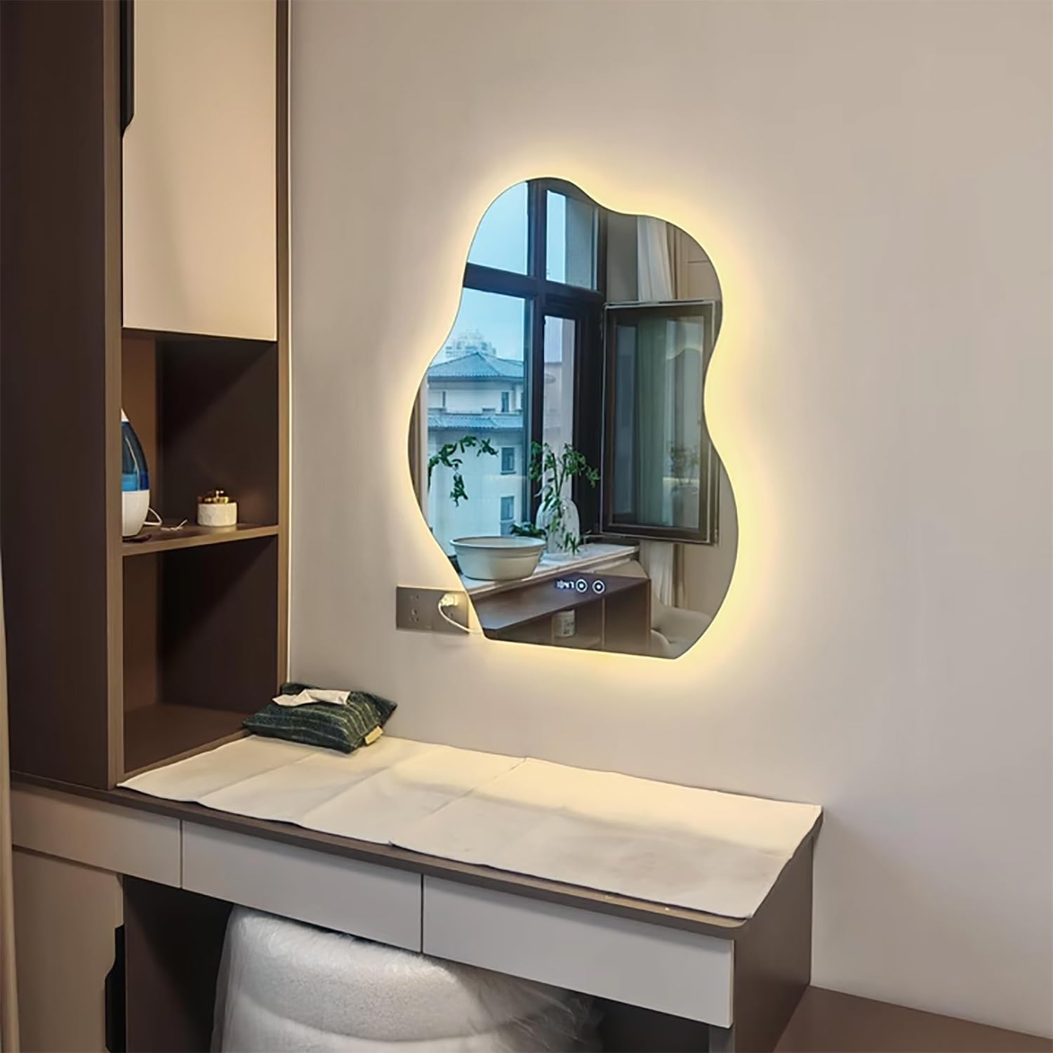 100cm Specchio Decorativo Moderno Irregolare, 120cm Specchio da Doccia a Parete Asimmetrico con Luce LED, Antinebbia, Regolabile Illuminazione(32inch/80cm)