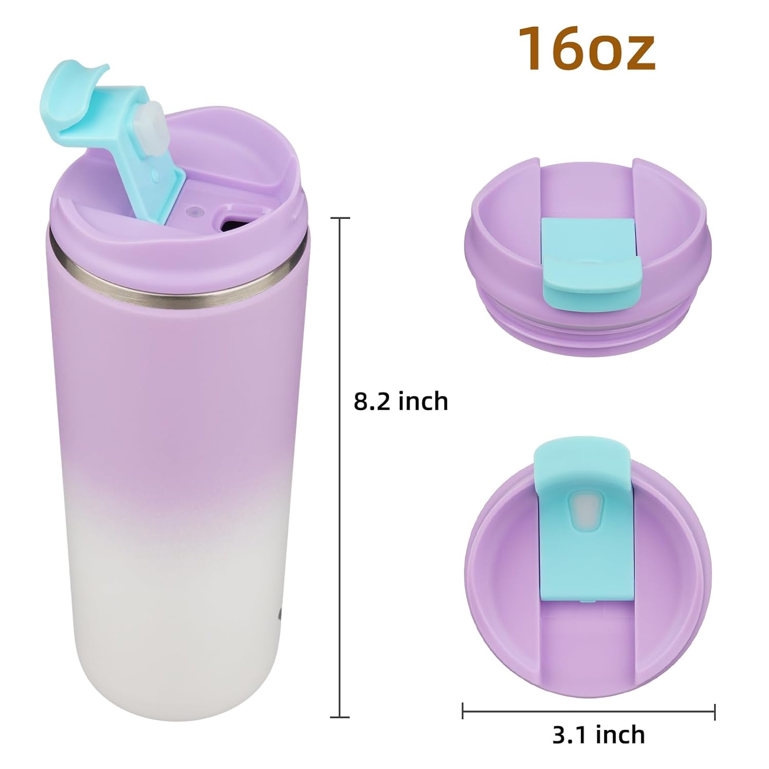 Tumbler with Lid, 16 oz Travel Coffee Mug Double Wall Vacuum Stainless Steel Thermal Metal Cup Insulated Water Bottle,PurpleWhite - Image 4