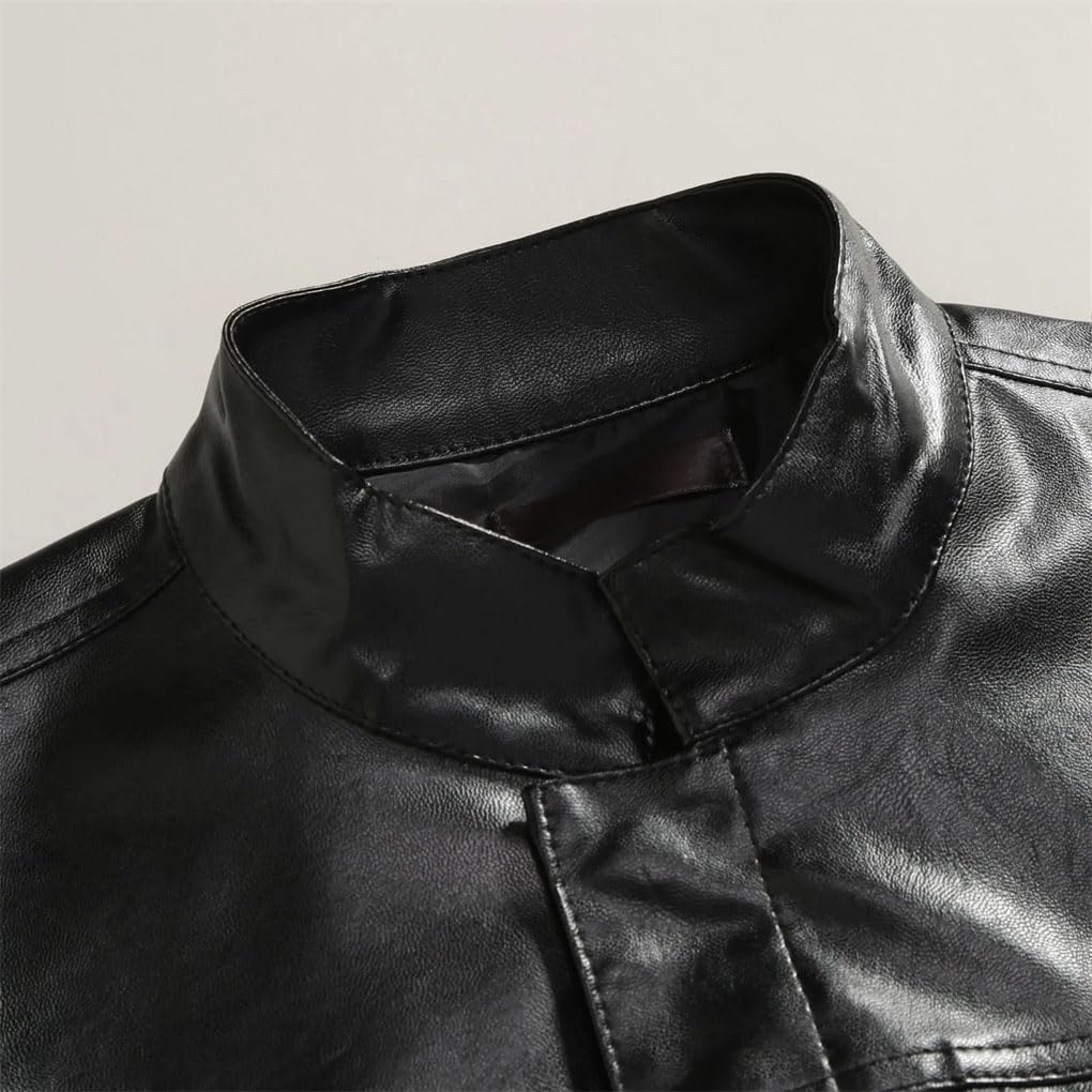 Men's Solid Color Casual Stand-Up Collar Pocket Stitching Simple PU Imitation Leather Vest