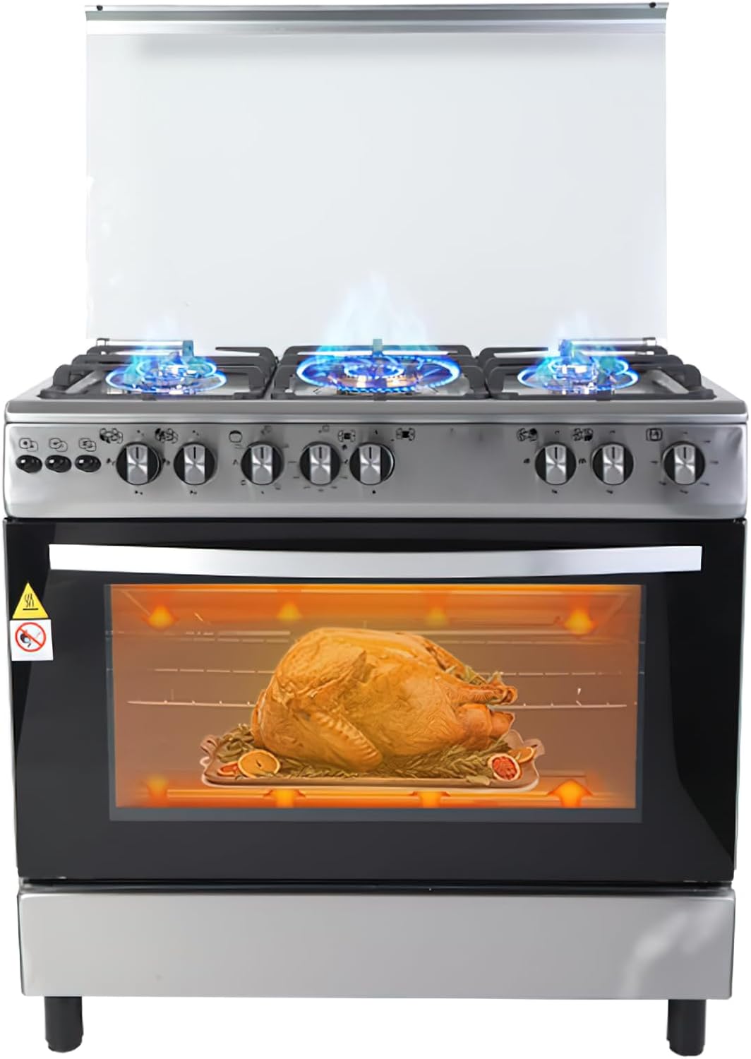 905E Gas Range with Electric Oven, 5 Burner Stainless Steel Stove, 90L Capacity, 35.43x23.62x33.46 Inch, Natural Gas/LPG Compatible