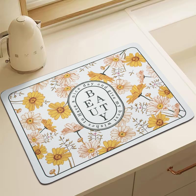HomeCloud Dish Drying Mat for Kitchen Counter Hide Stain Super Absorbent, Non-Slip, Heat-Resistant, Great for Dishes,Rack Pad, Kitchen Counter, Coffee Maker, Coffee Item (Yellow_Beauty, 50x40cm)