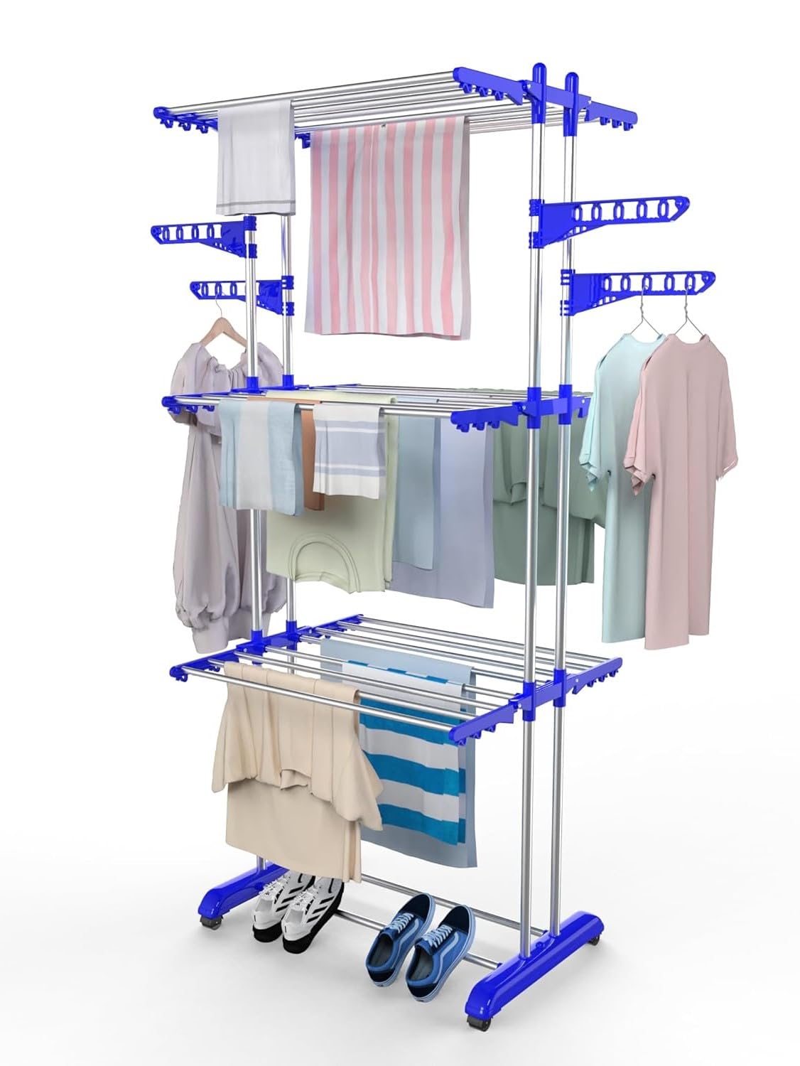 H Houseware 3 Layer Heavy Duty Stainless Steel Foldable Cloth Drying Stand/Clothes Stand for Drying/Cloth Stand/Clothes Dryer/Laundry Racks with Wheels, 43.2 x 78.7 x 165.1 cm