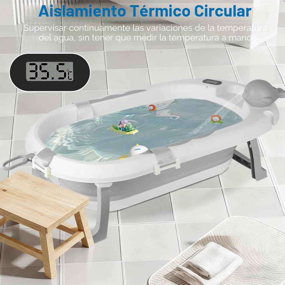 OHMG Bañera para bebé con soporte de 85 cm, bañera plegable para bebé, con termómetro y cojín de baño, bañera plegable
