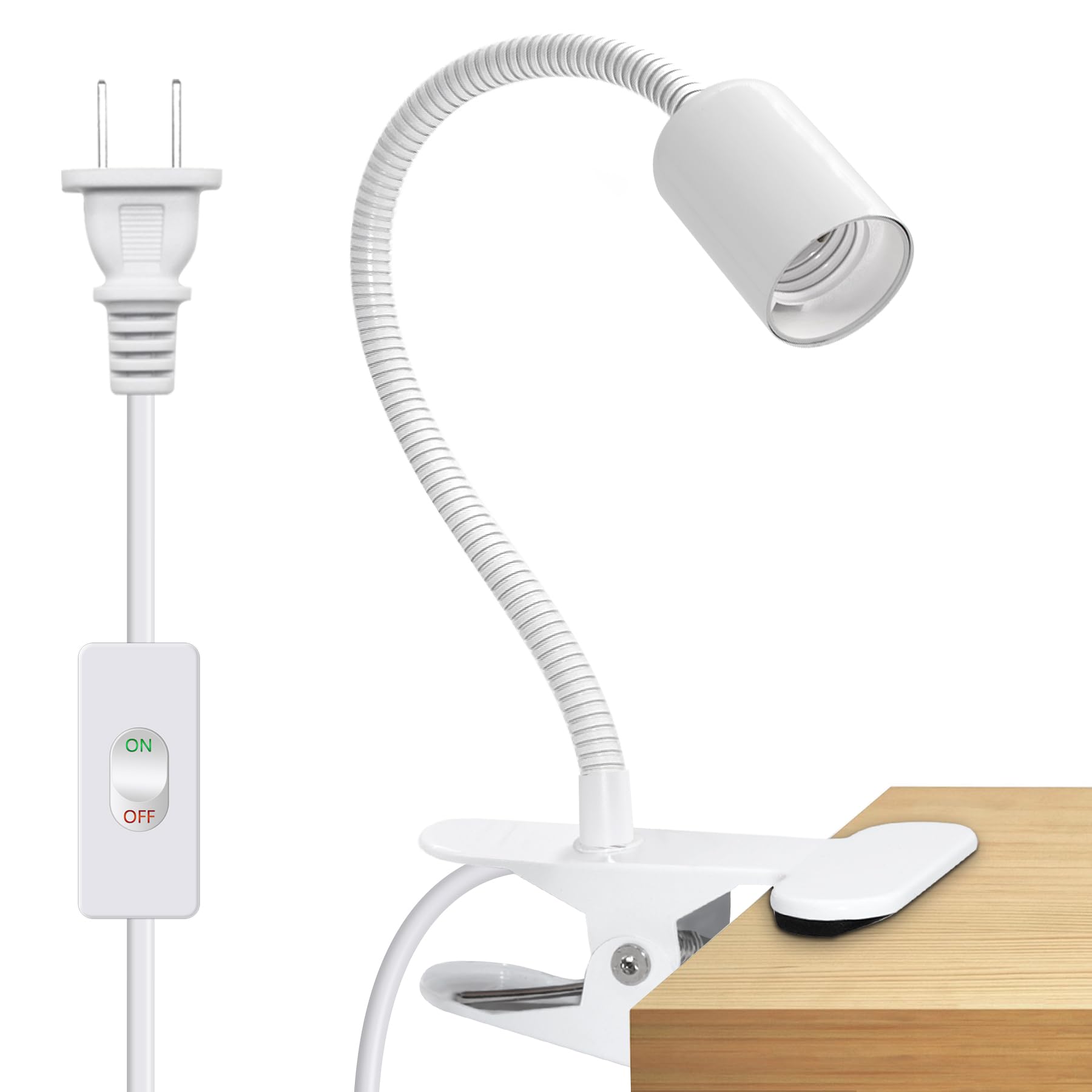 Clip on Desk Lamp, White Clip Lamp Holder with 220 CM Switch and Plug Cable, Clamp Light Socket with Metal Clamp, 9-350 MM Thickened Lengthened Gooseneck Light, E27 Lamp Holder, for Home Office-image-17