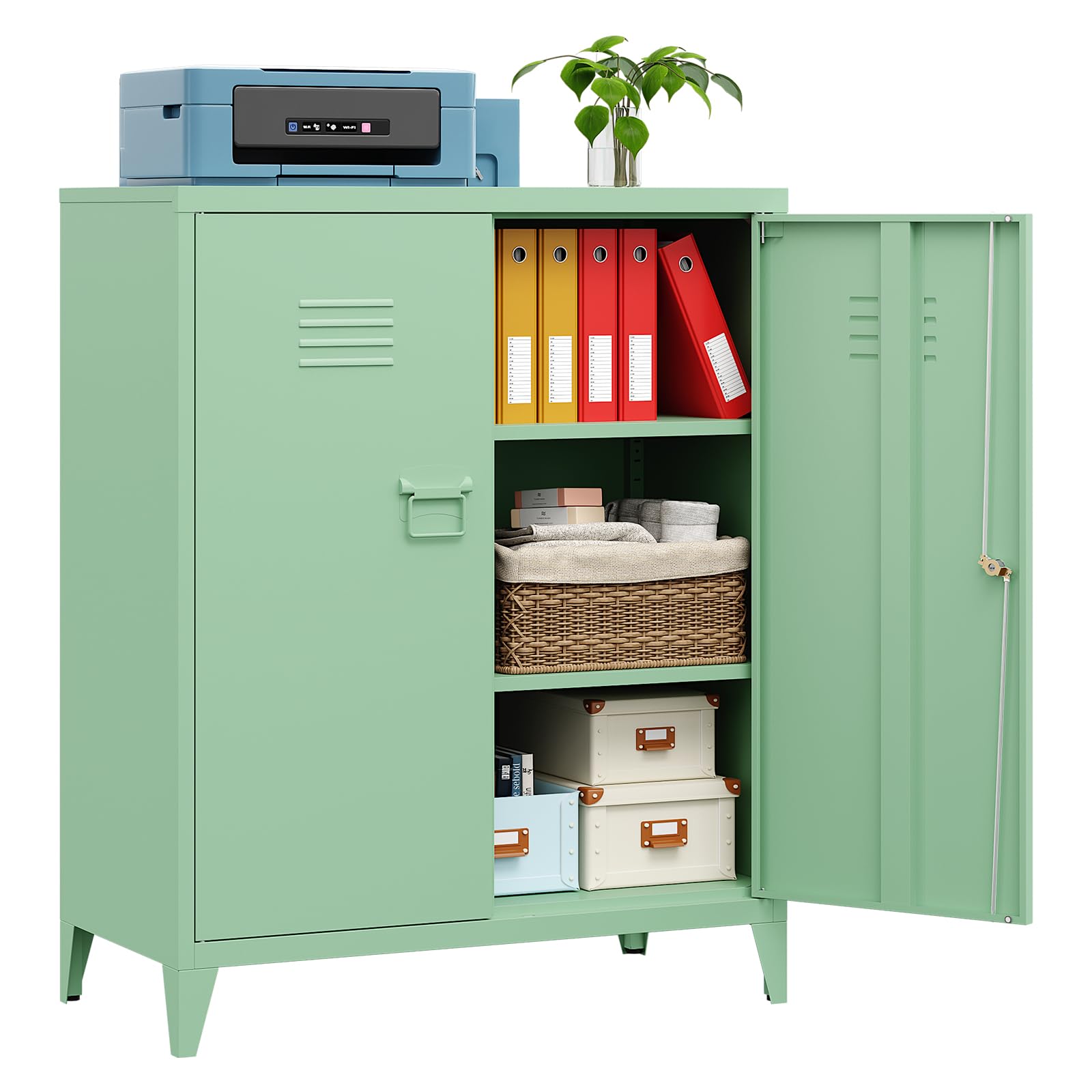 Sightlife Metal Storage Cabinet with Doors and Adjustable Shelves Storage Cupboard Lockable Filing Cabinets Floor Standing Sideboard Metal Locker Cabinet for Home Office 80 x 40 x 100cm (Green)