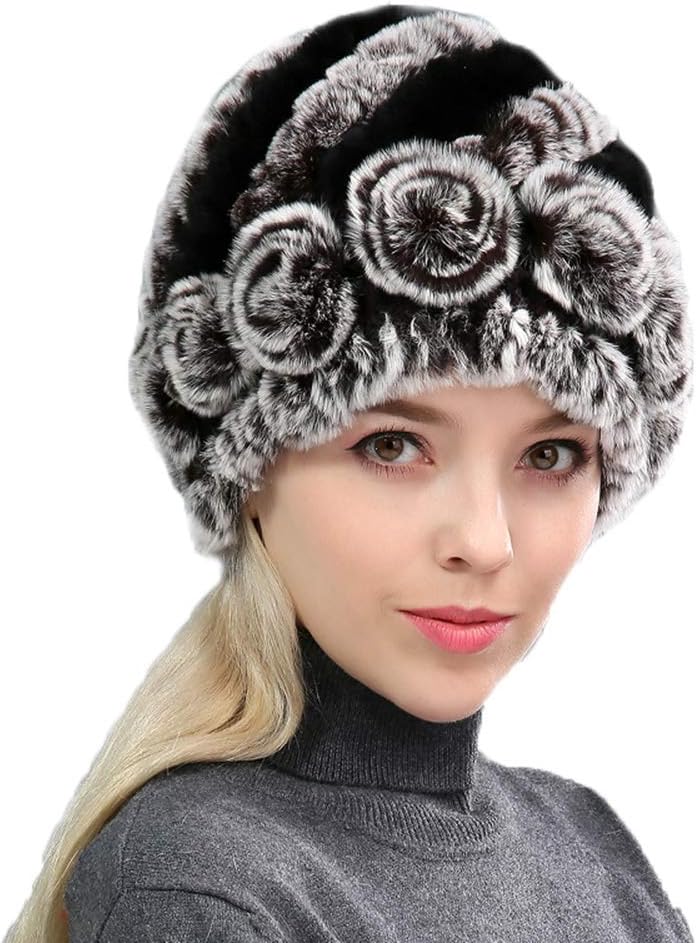 Women Real Rex Rabbit Hair Knit Hat Circle of Flowers Girls Cap Winter Warm
