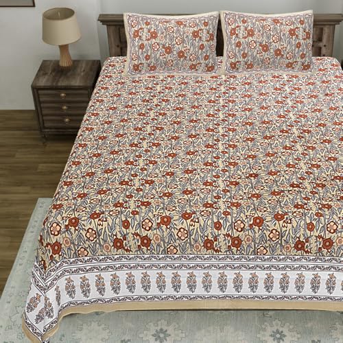 Image of Living Roots Jaipuri Hand Block Print Double Cotton Bedsheet & 2 Pillow Covers, for Mattress Upto 8 inches Thick, No Colour Bleeding, Red Colour, Super King Size 96 * 104 inches, 150TC (577-A)
