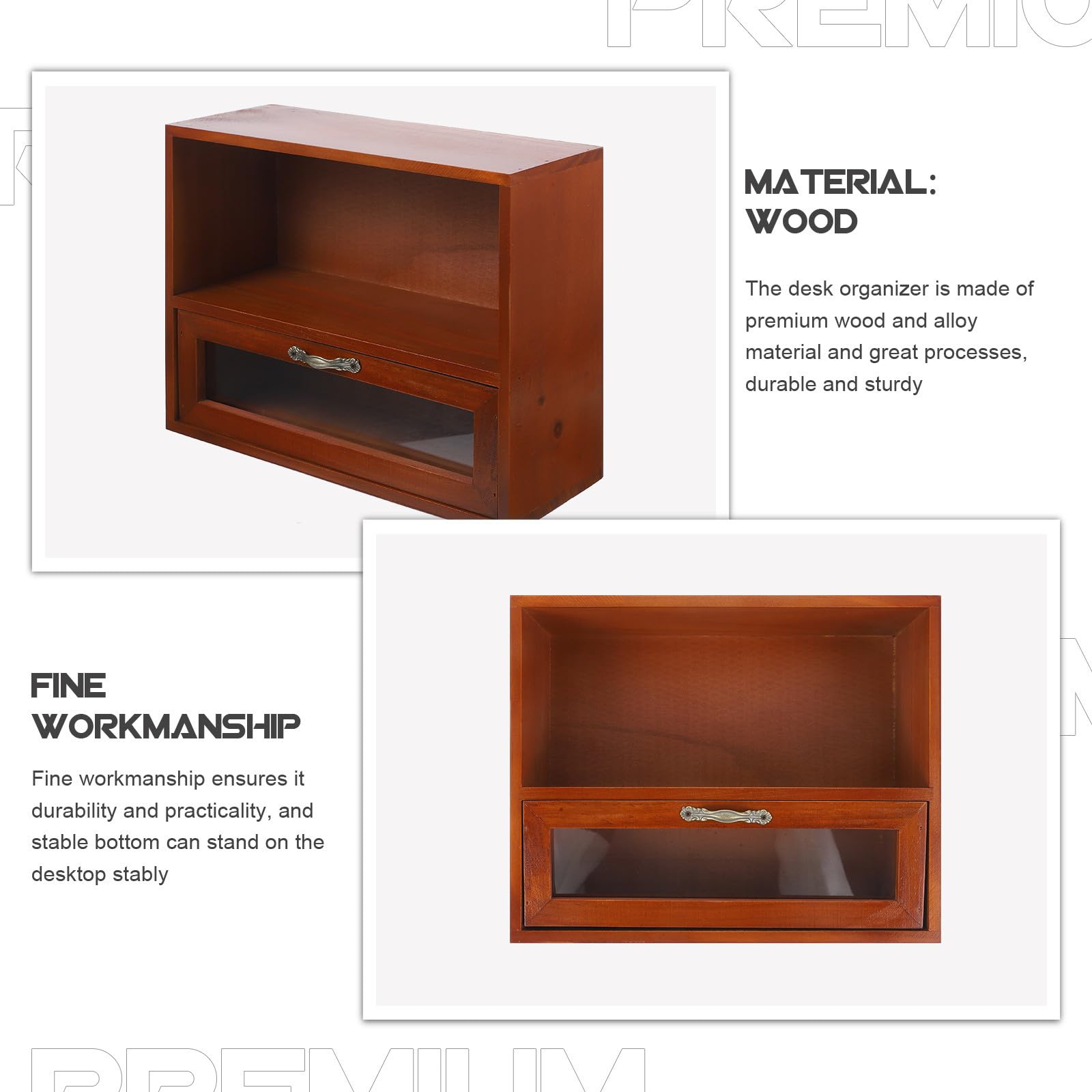 Amosfun Scatola Porta Oggetti Grande Capacità e Superficie Liscia Organizer da Scrivania in Legno Vintage Cassetti Marrone per Casa e Ufficio