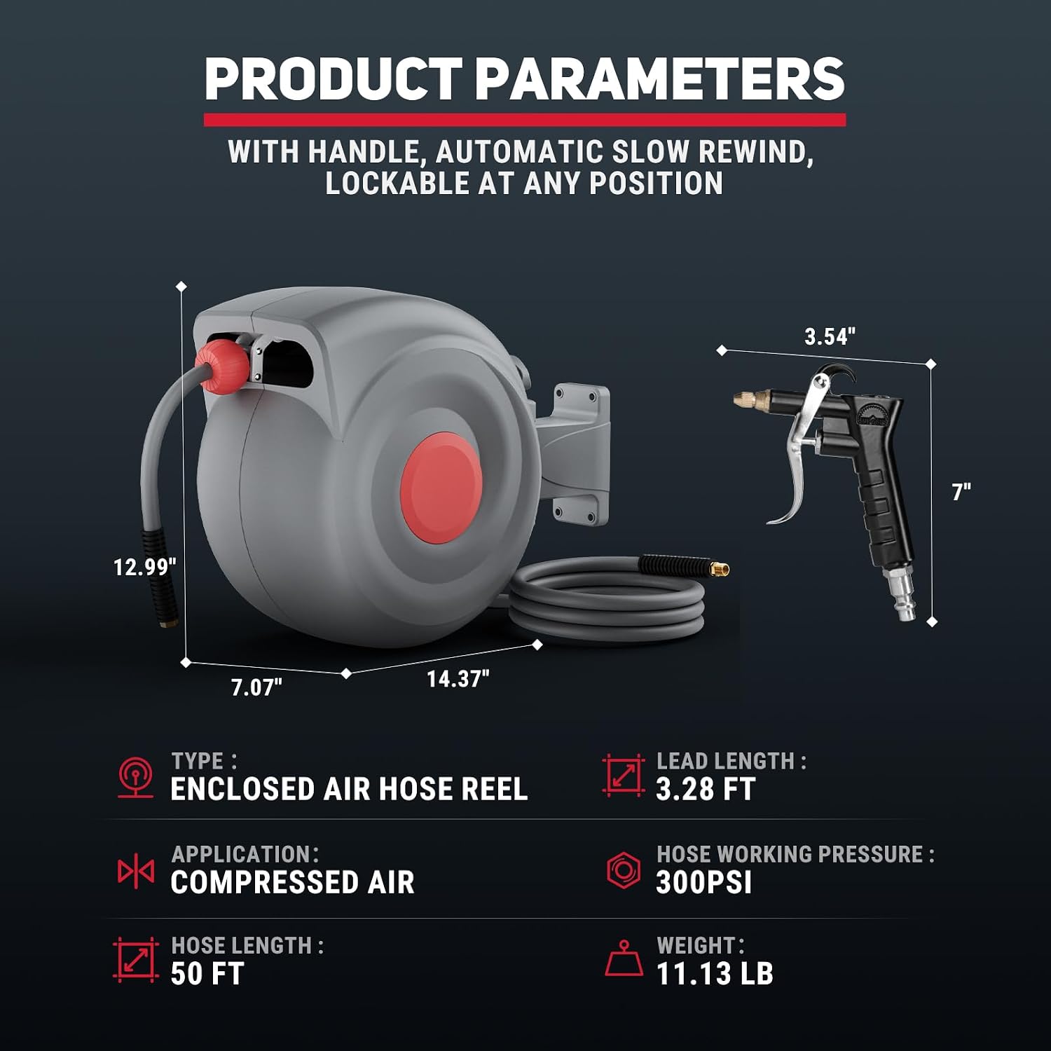 50 Ft Retractable Air Hose Reel, 3/8 In Auto Rewind with Air Blow Gun, 180° Wall-Mountable, Kink-Free, for Garage & Workshop Use