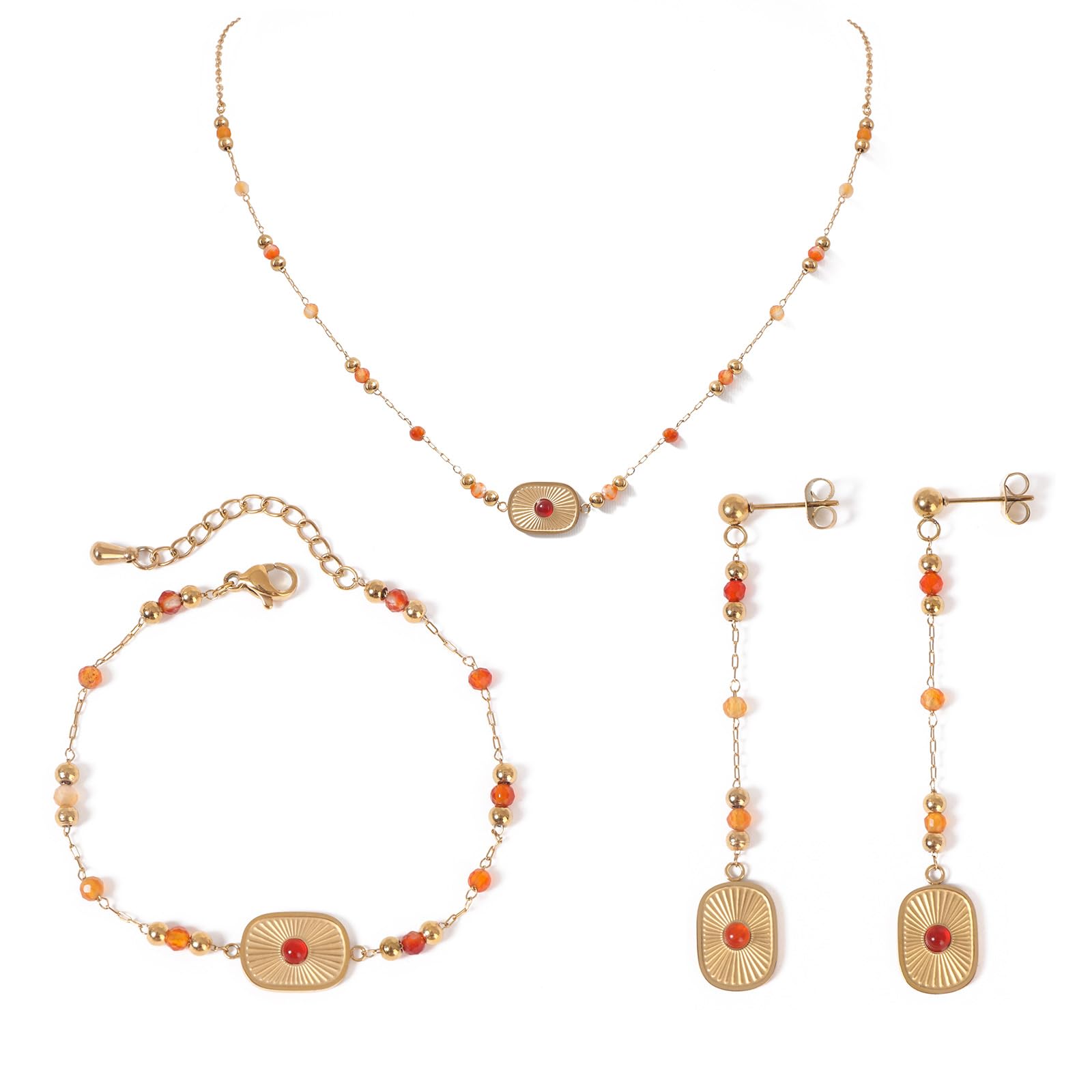 TaYolnFaSo Natural Agat Schmuck Set für Frauen - Edelstahl Sonnenscheibe Agat Halskette, Ohrringe, Armband Set mit schwarzen Onyx Perlen