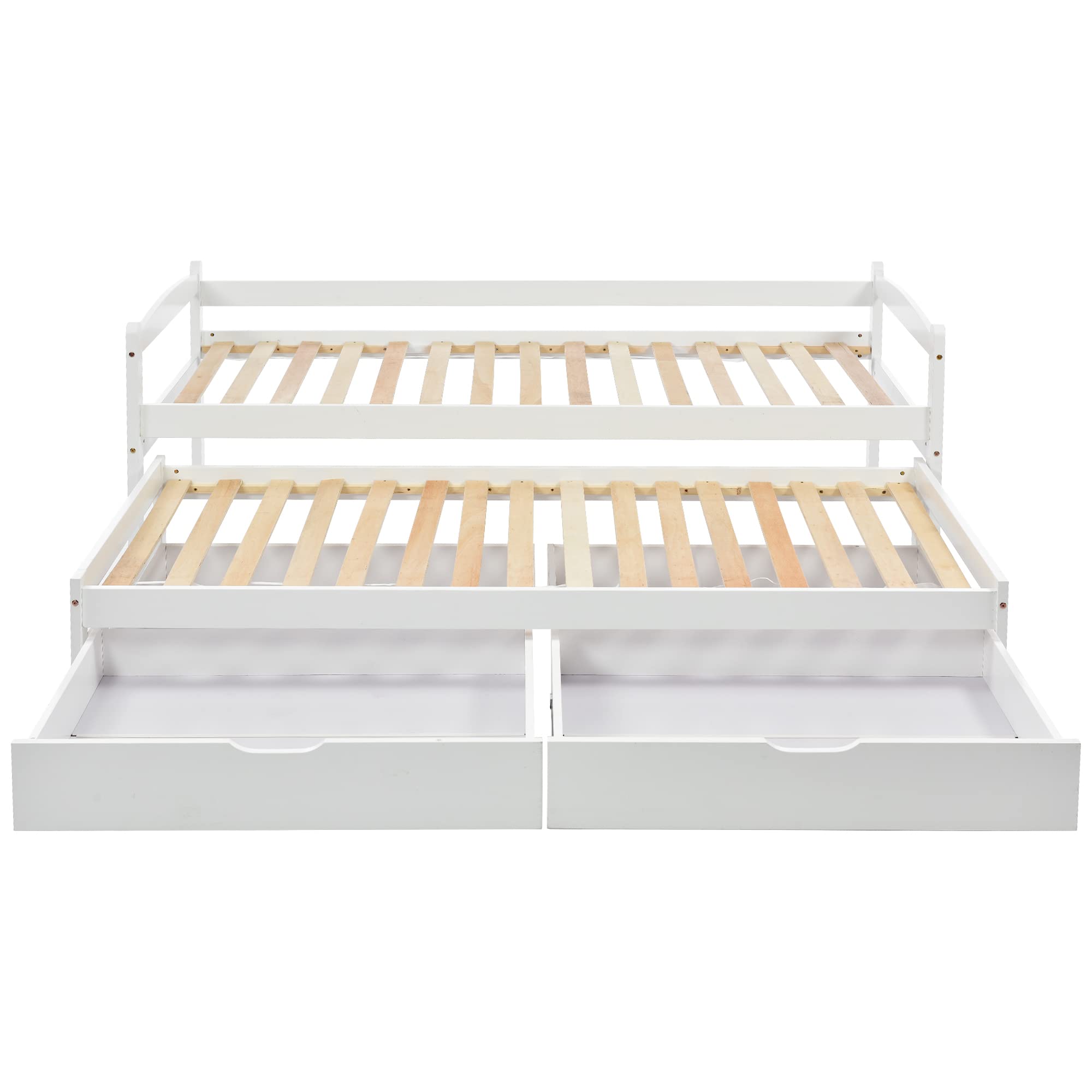 Letto Singolo con Secondo Letto Estraibile, 2 Cassetti su Ruote, Divano Letto in Legno di Pino, 90x200 (190) cm, Colore Bianco, Senza Materasso