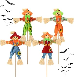EMAGEREN 4 Pieces Thanksgiving Autumn Scarecrow Decoration Halloween Scarecrows Small Autumn Scarecrow Decoration Fall Harvest Standing Scarecrow Decor for Garden, Home, Yard, Porch Decoration