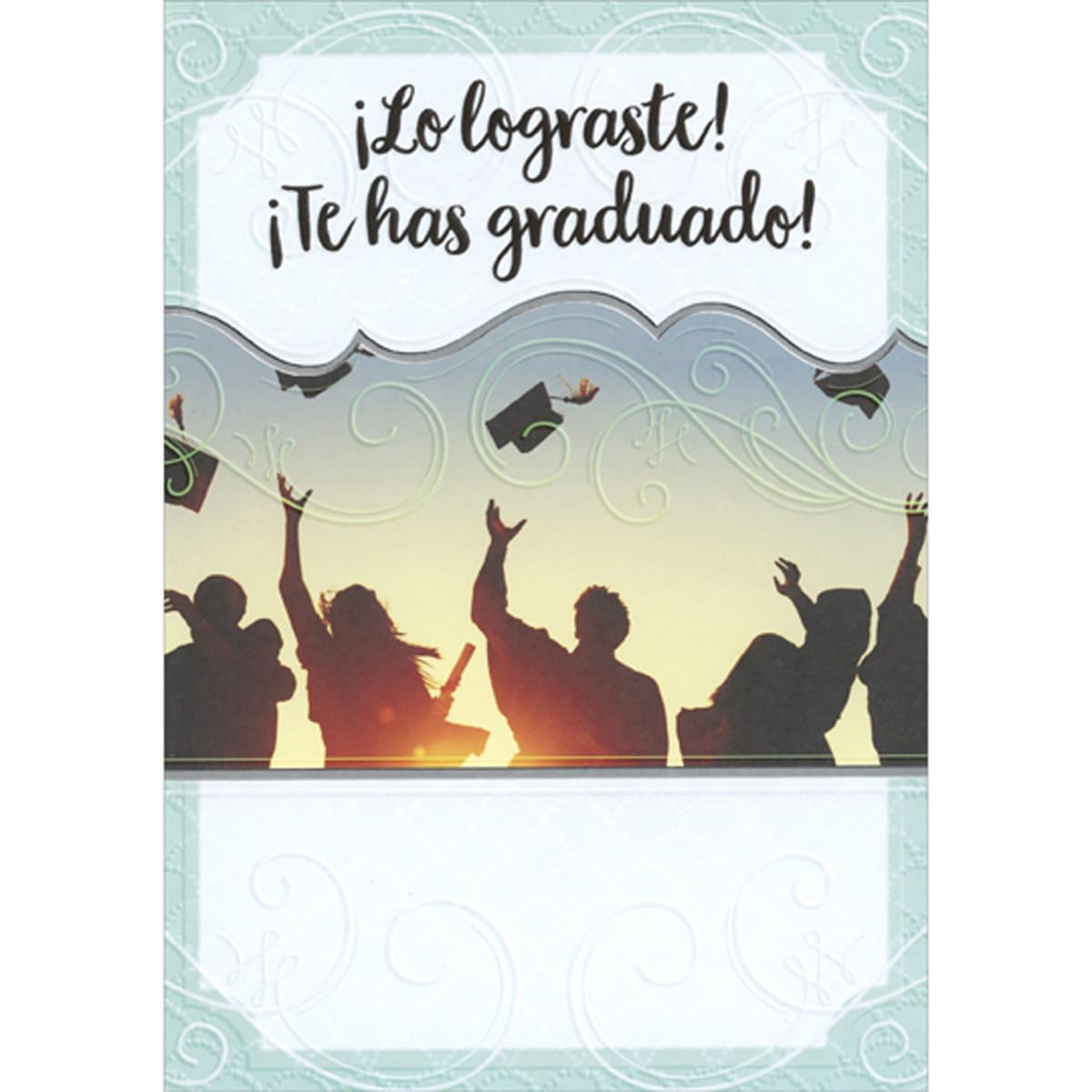 Designer Greetings Silhouette of Five Grads Throwing Caps into Air on Light Blue and White Spanish Graduation Congratulations Card