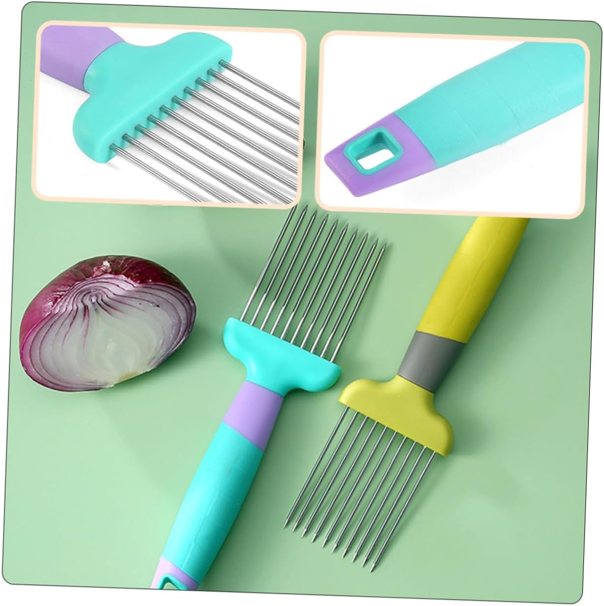 Stainless Steel Onion Needles Plastic Slicers 2pcs for Meat