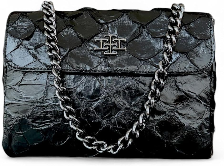 INLA Genuine Brazilian Pirarucu Leather Shoulder Purse Black Quilted Design with Chain Strap Silver Hardware
