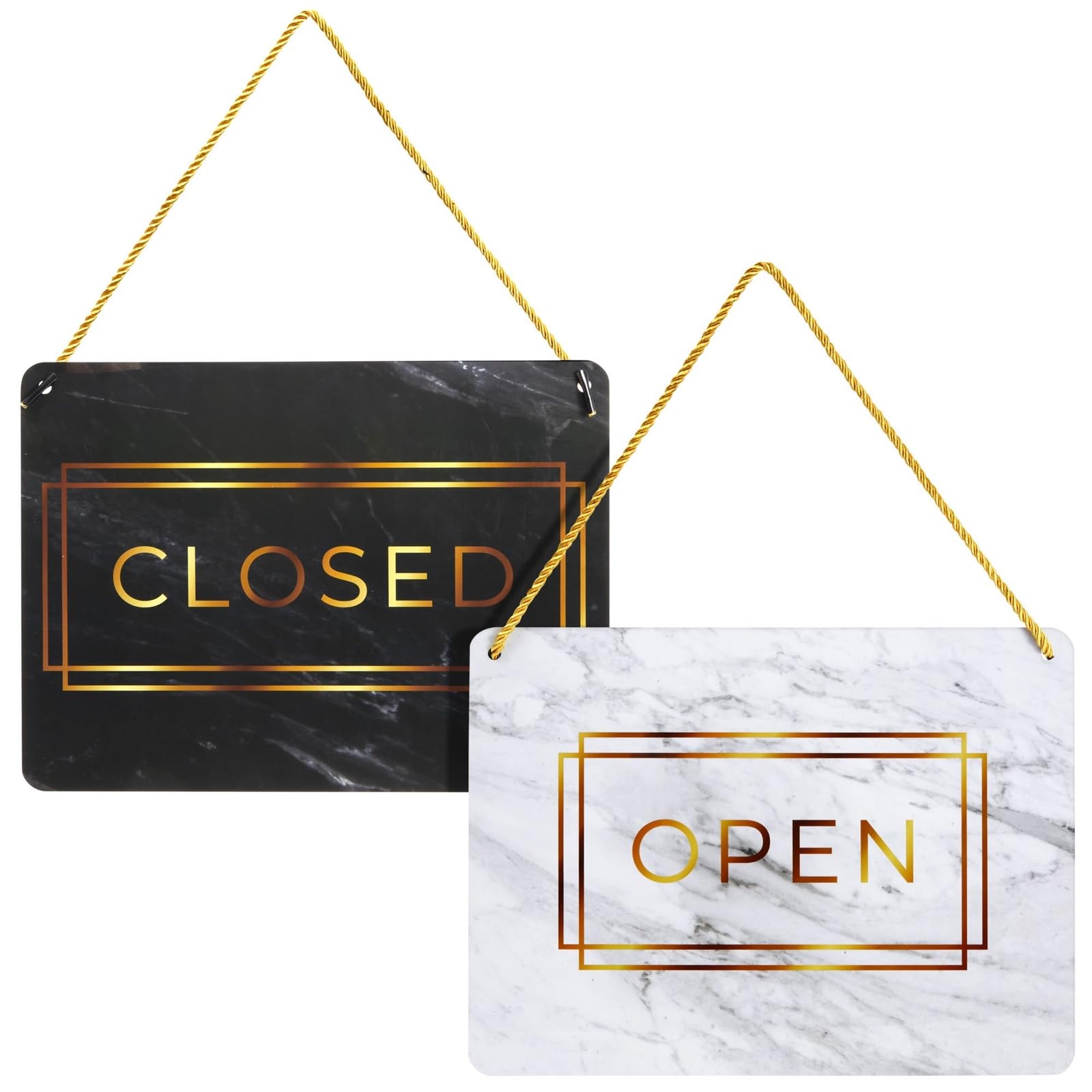 2-Pack Double Sided Open Closed Sign for Business Door, Gold Marble Design Reversible Hanging Sign for Window (29.2 x 21.6 cm)