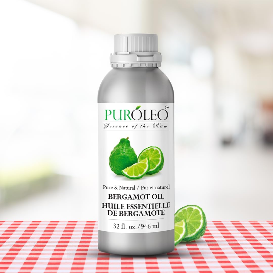PUROLEO Bergamot Essential Oil 32 Fl Oz/946 ML (Packed in Canada) Pure and Natural for Aromatherapy, Skin and Hair Care - Therapeutic Grade Oil for Relaxation