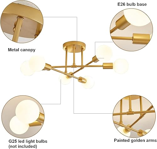 Miniatura 5 de Surpars House Lámpara de techo moderna, lámpara Sputnik de 6 luces para dormitorio, comedor, sala de estar (dorado)