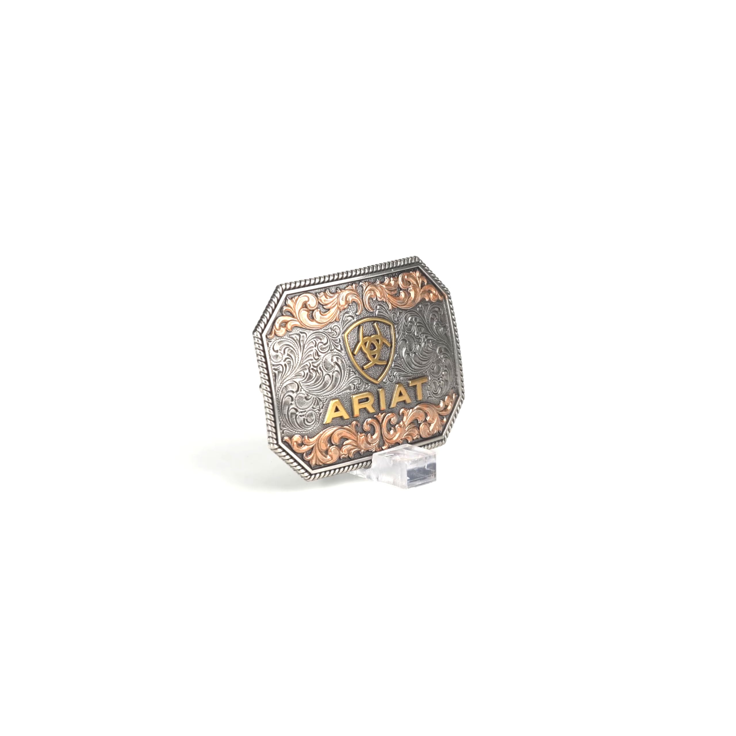 ARIAT Fibbia rettangolare con logo floreale in rilievo | Finitura argento antico, oro e rame, 10,2 x 7,6 cm