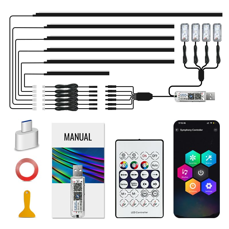 Acrylic Car Led Lights Interior with Wireless APP, Universal RGB Ambient Lighting Car Kit,175 inch Neon Flexible Fiber Optic Led Strip Music Sync Lights,10 in 1 USB Power Dash Footwell DIY Mode