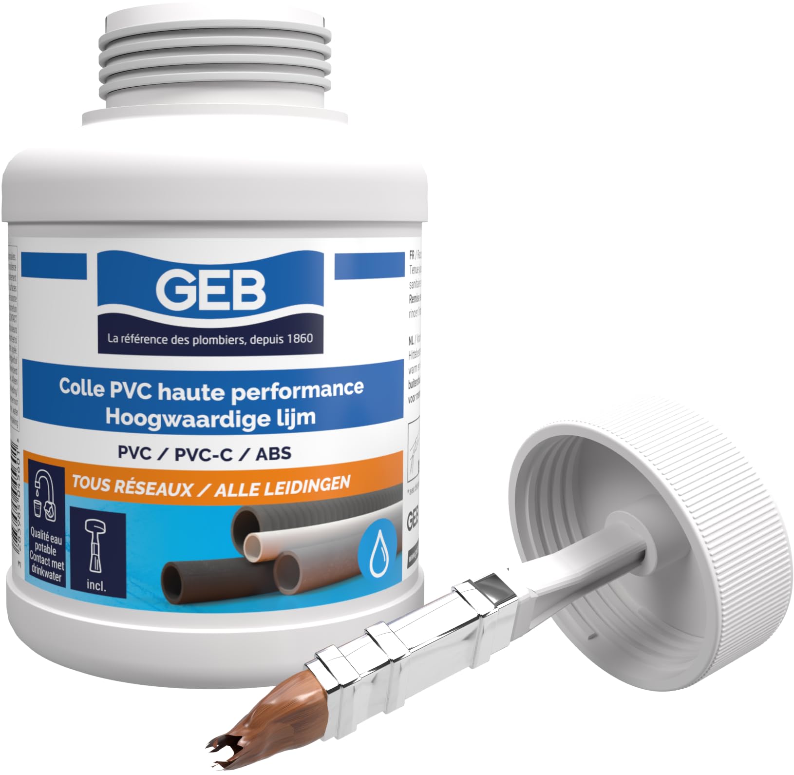 GEB Colle haute performance 250 ml polyvalente pour assemblage de canalisations en PVC - Pour réseau avec pression d'eau froide/​chaude sanitaire et réseau d'évacuation des eaux usées